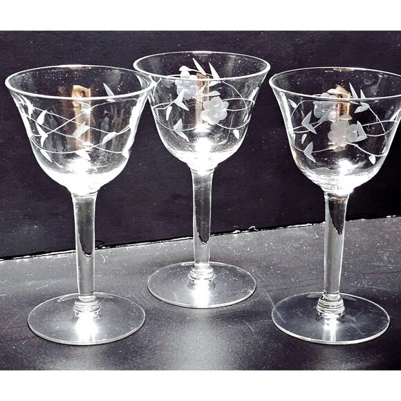 3 Vintage Floral Cocktail Glasses 5" etched Crystal coupe nostalgia Nick Nora - Picture 1 of 8
